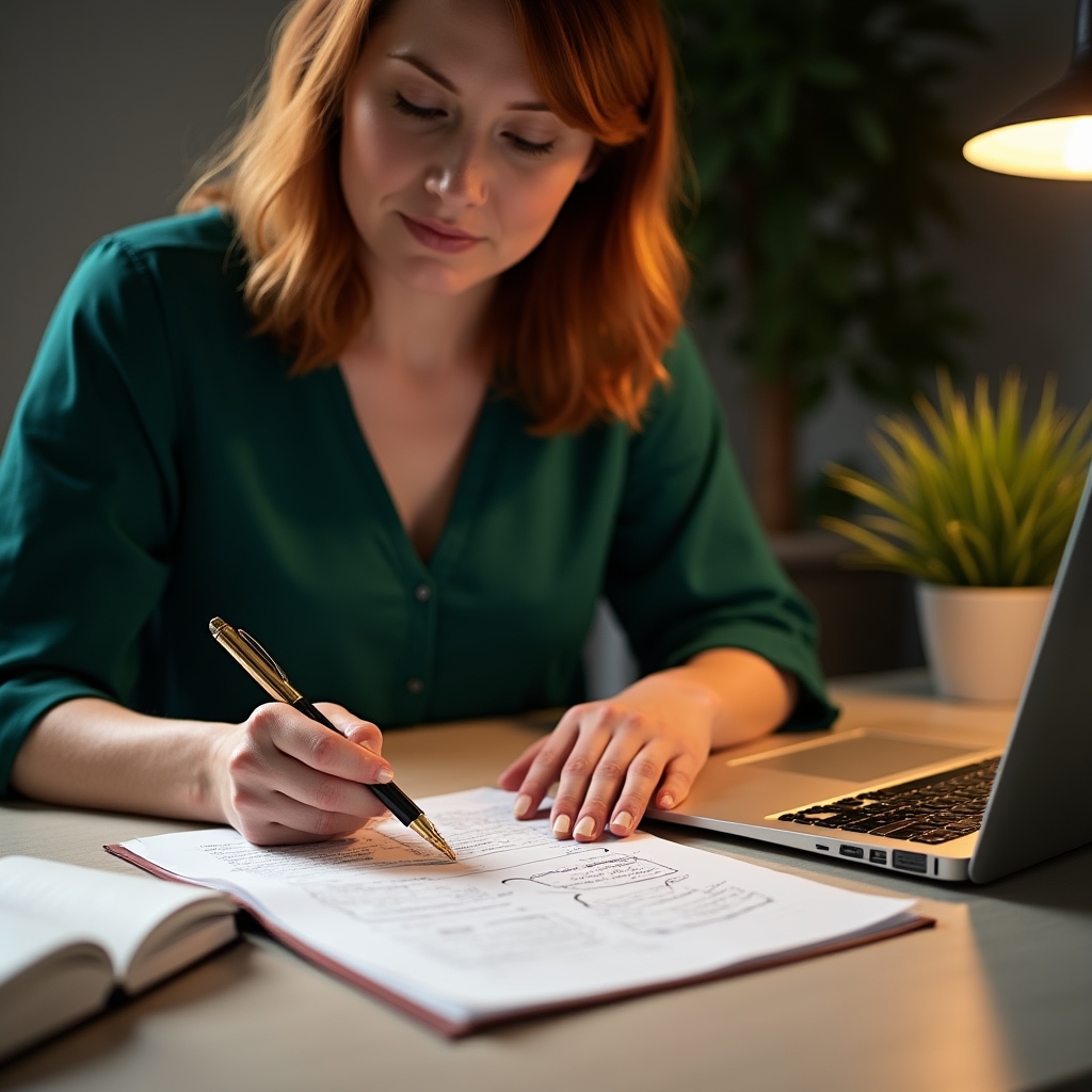 Professional reviewing negotiation preparation notes at a clean desk workspace